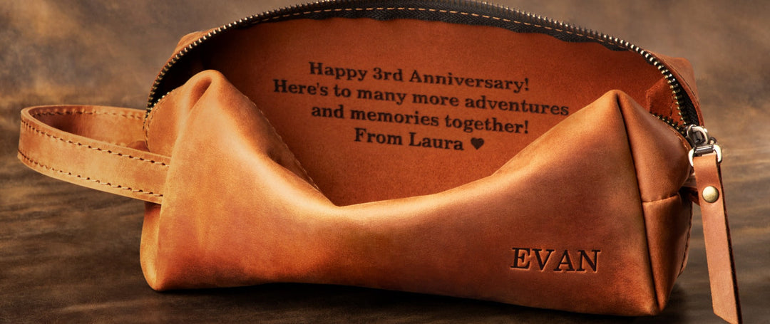 Personalized leather toiletry bag gift for travelers with custom engraving