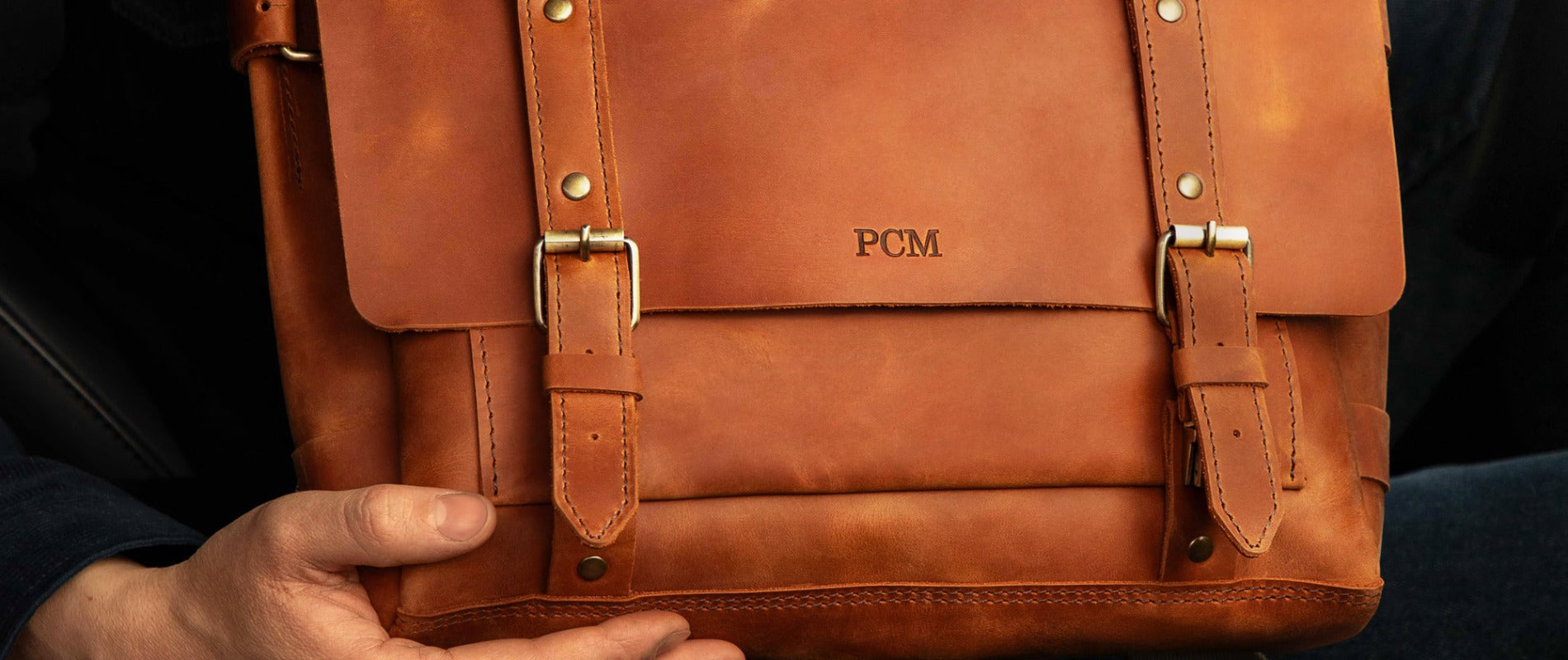 Custom personalized leather briefcase with engraved initials for work