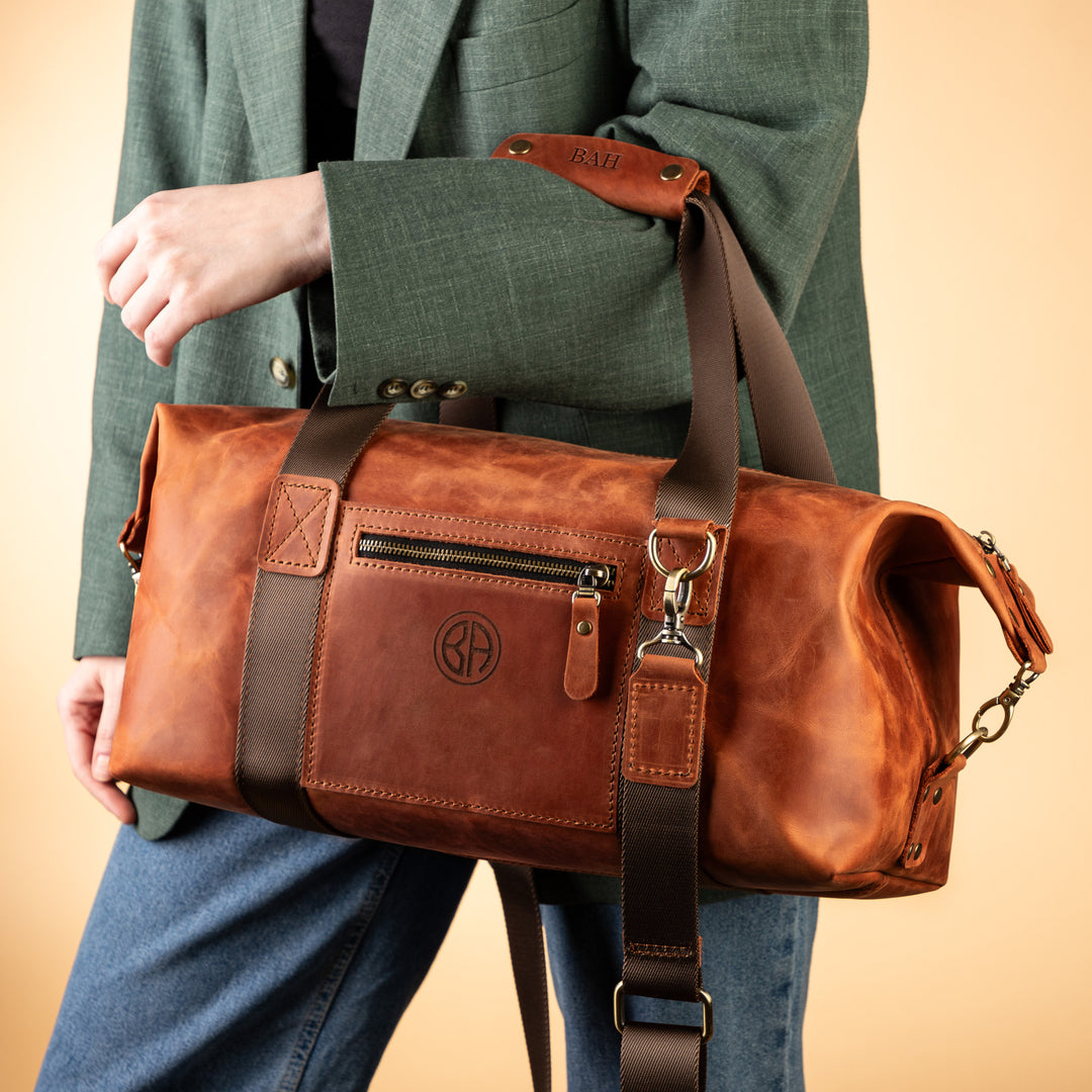 Personalized Leather Duffle Bag – Father’s Day Travel Gift for Dad, M / Copper / No