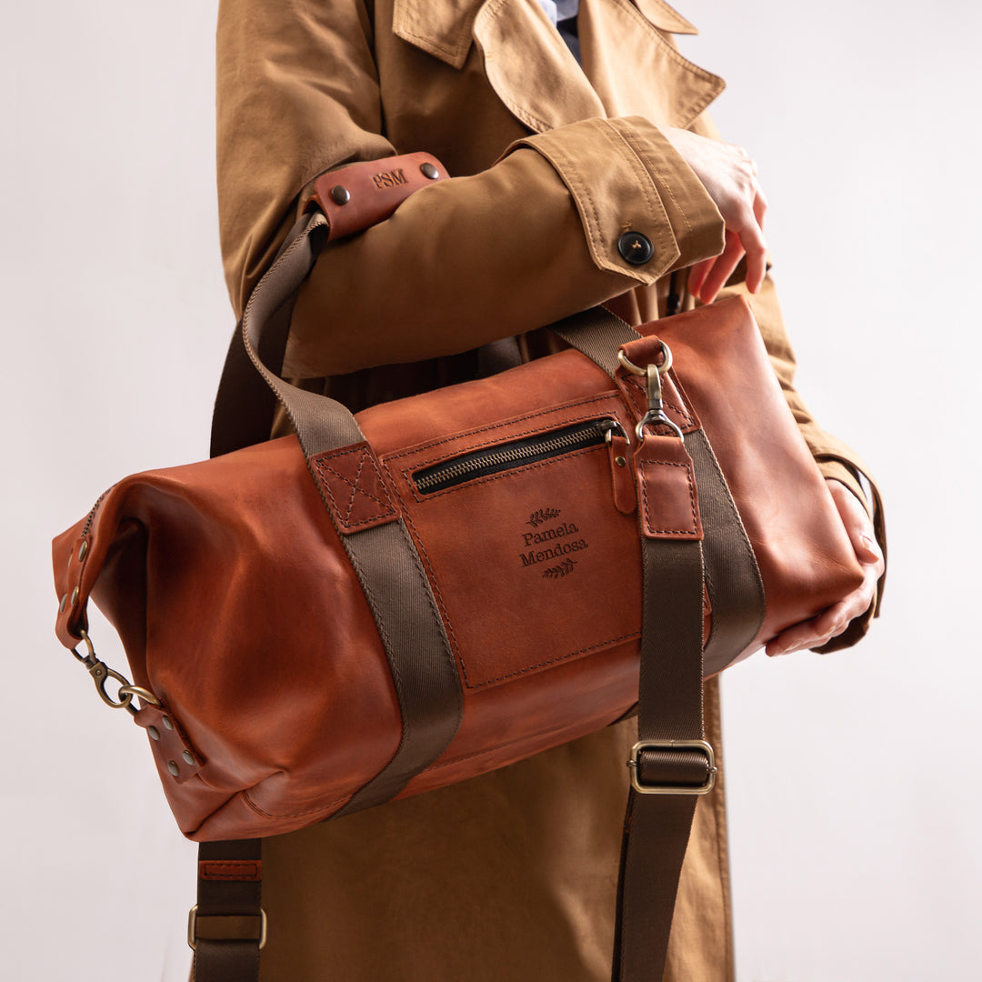 Women’s Leather Travel Duffle | Personalized Medium Bag with Crossbody Strap