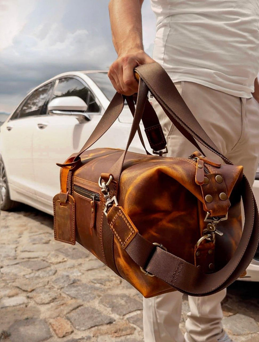 Monogrammed Men’s Leather Duffle Bag | Personalized Travel & Gym Weekender with Strap and Front Pocket