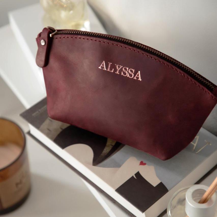 Personalized Full Grain Leather Makeup Bag